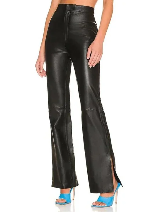💋CHIC & STYLISH!💋100% Genuine Leather High Waist Slit Hem Flare Pants in Black - Picture 2 of 16